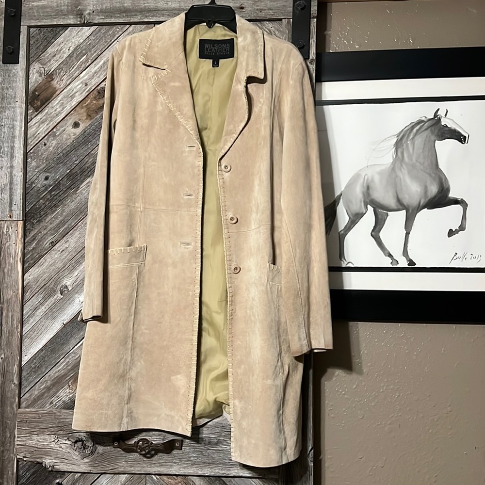 Wilson leather/suede trench/duster coat in size large/l with stitching detail